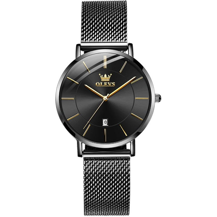 Black dial business quartz watch with mesh steel strap and gold-tone hour markers