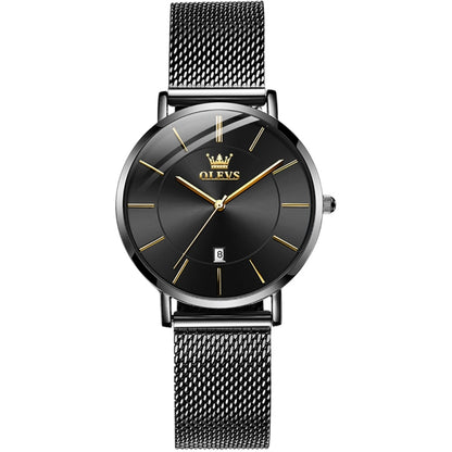 Black dial business quartz watch with mesh steel strap and gold-tone hour markers