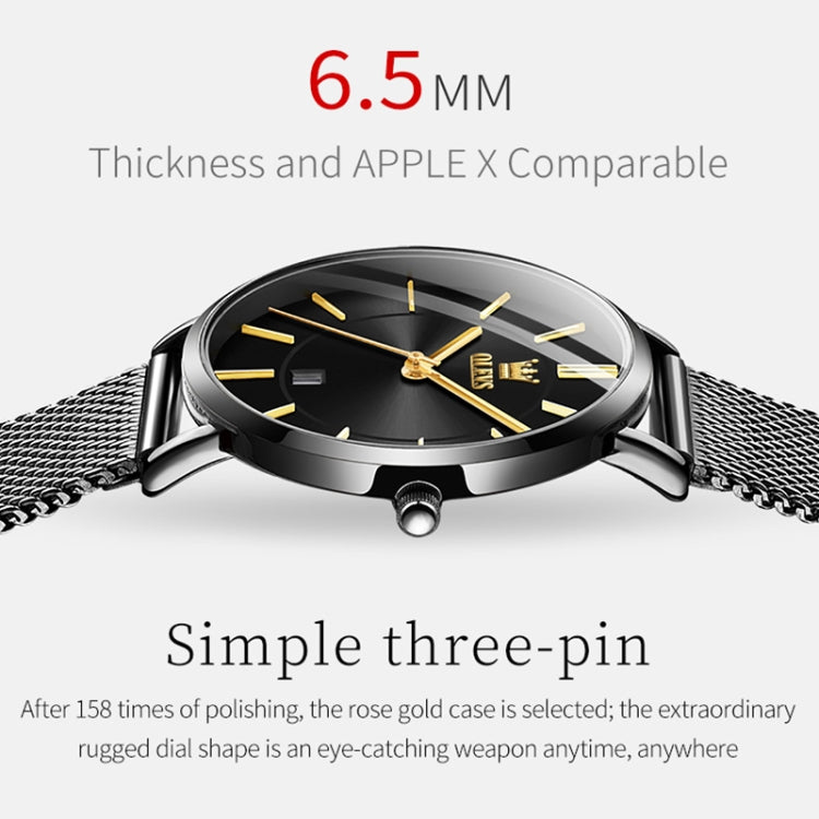 Black dial quartz watch case with gold accents, on mesh steel strap
