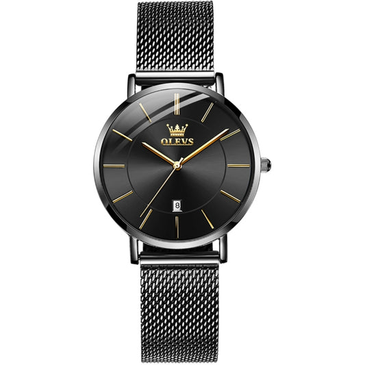 Black dial business quartz watch with mesh steel strap and gold-tone hour markers