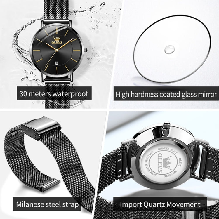 Round black dial quartz watch with mesh steel strap and visible case back details