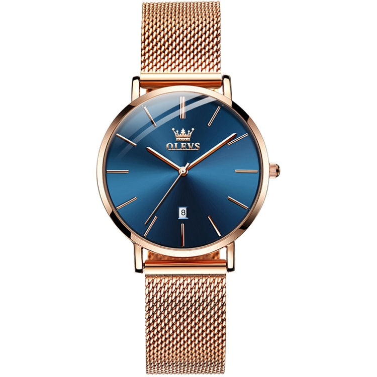 Blue dial ladies business quartz watch with rose-gold case and metal mesh strap