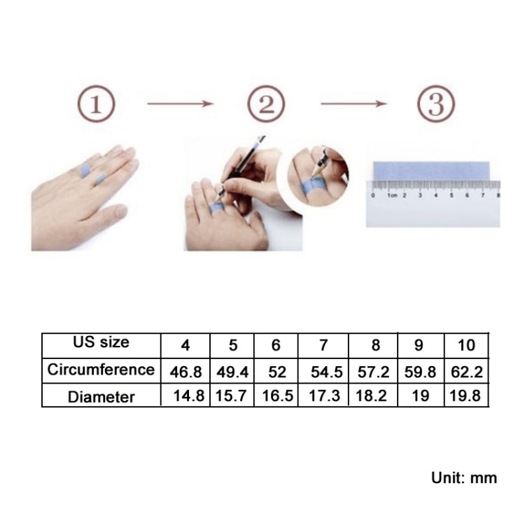 Ring size chart with US sizes, circumference and diameter measurements in mm