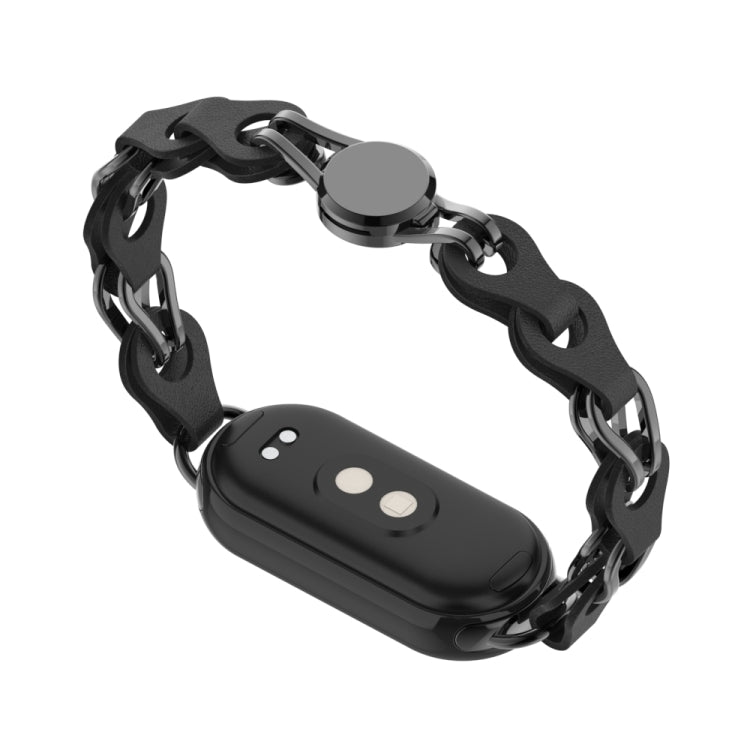 Hollow leather chain watch band with magnetic buckle, black, close-up of clasp