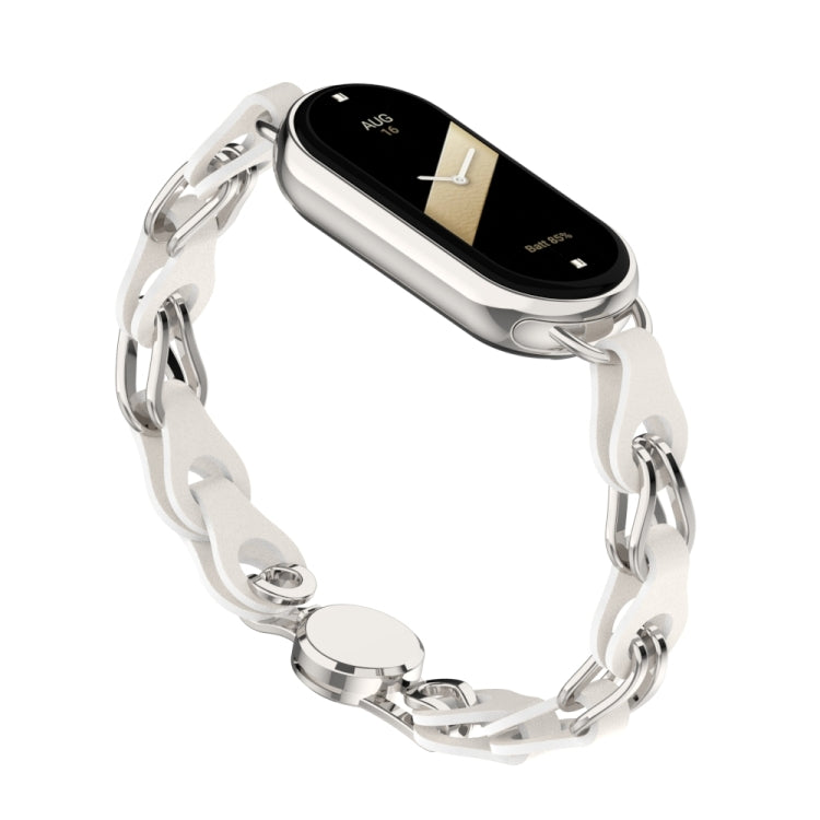 Hollow leather chain watch band with magnetic buckle, silver/white, for Xiaomi Smart Band