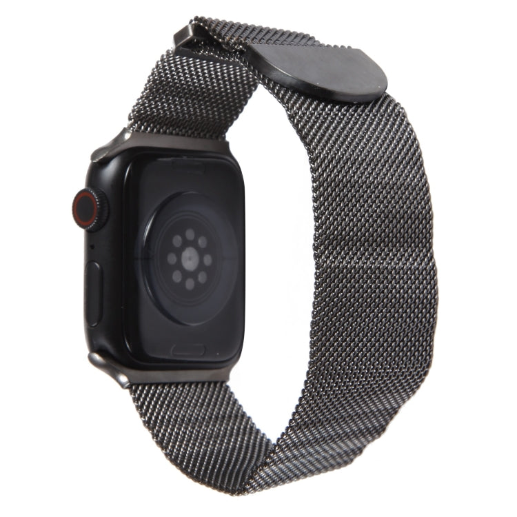 Black milanese metal magnetic watch band with mesh texture on smartwatch