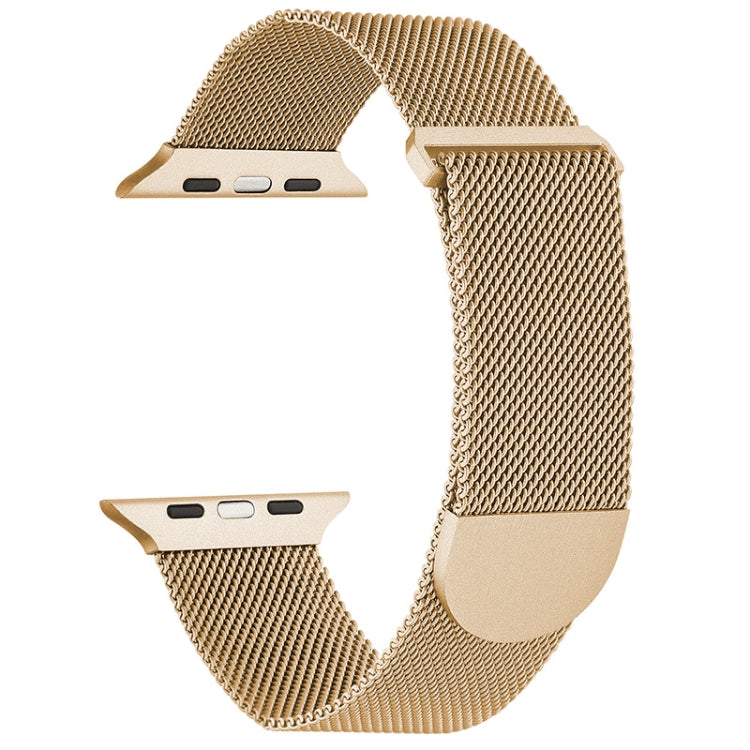 Gold milanese metal magnetic watch band with woven mesh links and curved clasp