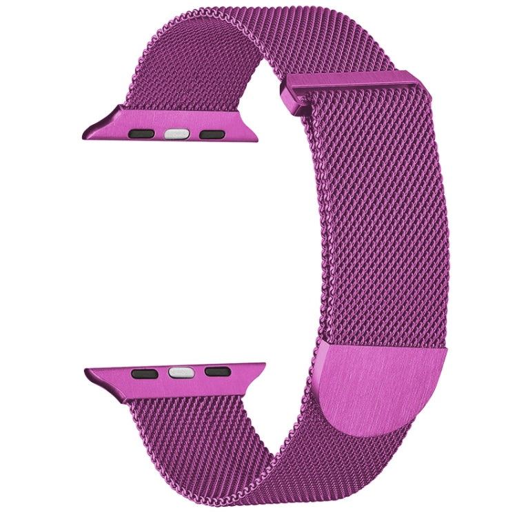 Purple Milanese metal magnetic watch band for Apple Watch, textured mesh with clasp.