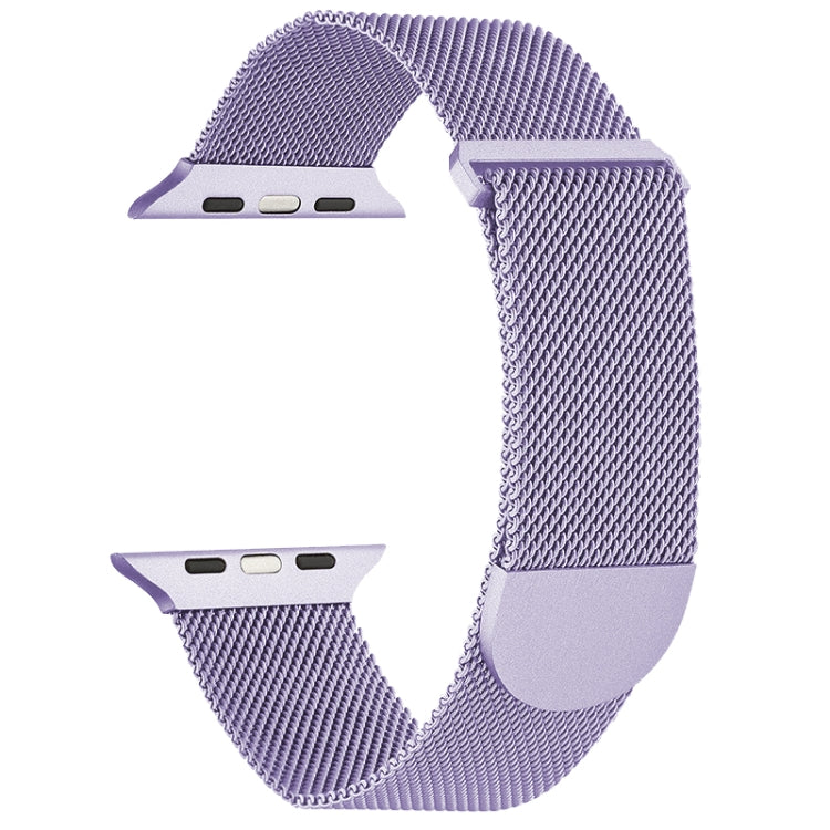 Lavender Milanese metal magnetic watch band for Apple Watch, textured mesh with clasp.