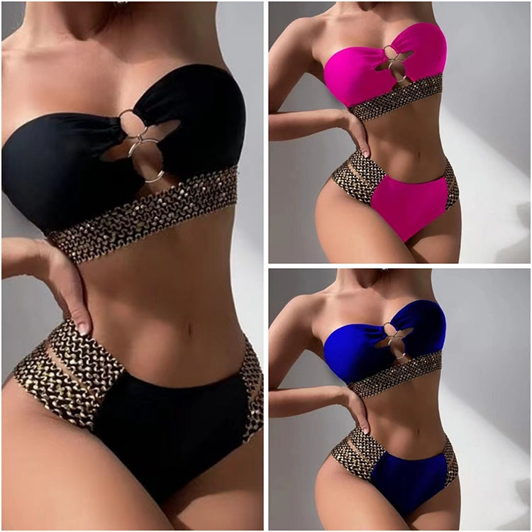 Bandeau two-piece bikini in black, blue, and rose-pink with chain-studded waist