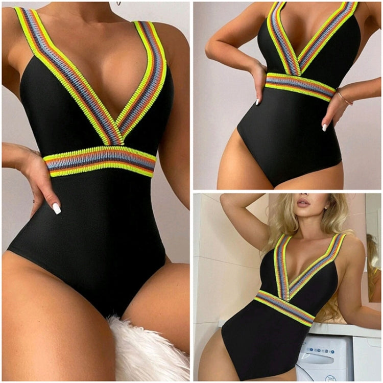 Black one-piece swimsuit with multicolor striped V-neck trim and high-cut leg openings