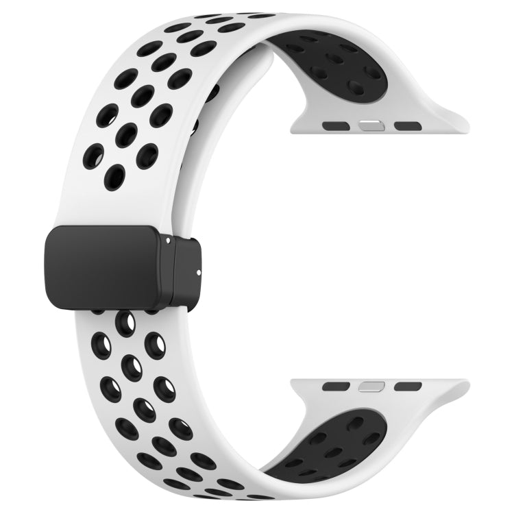Silicone magnetic watch band with perforated dots, white with black sections, black buckle
