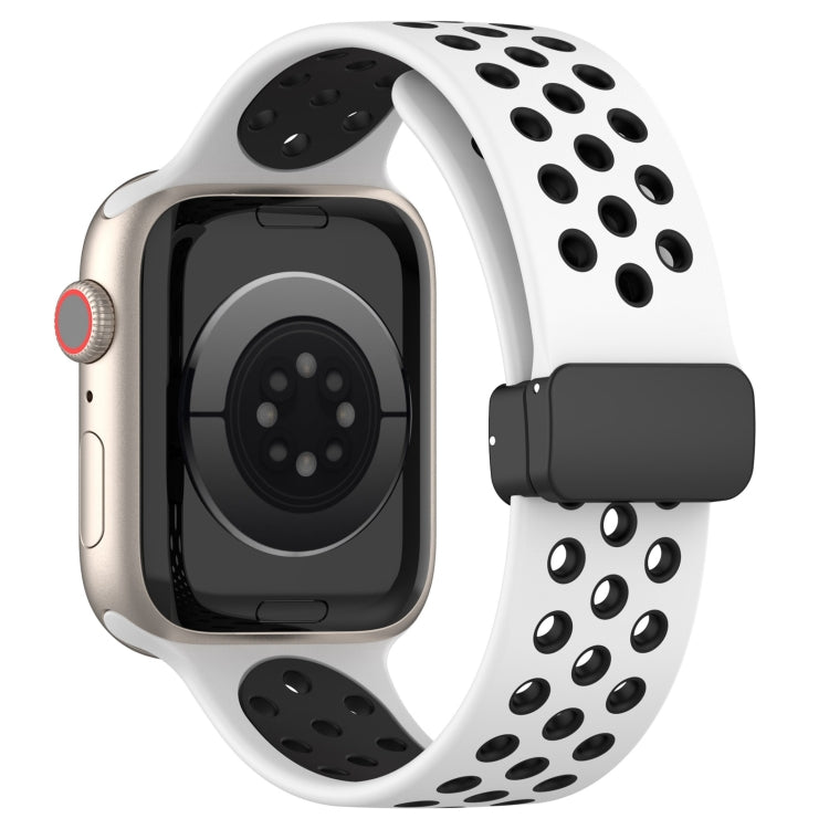 Silicone magnetic watch band with perforated dots, white with black underside, black buckle