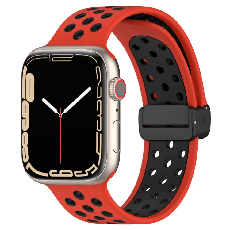 Magnetic silicone watch band with perforated red strap and buckle for Apple Watch