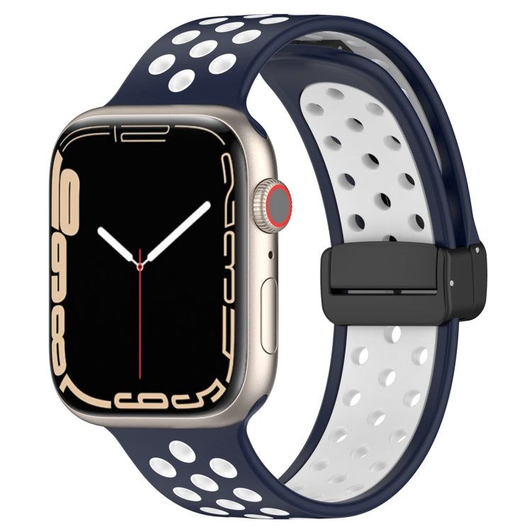 Magnetic buckle silicone watch band in navy with white dot pattern, black clasp