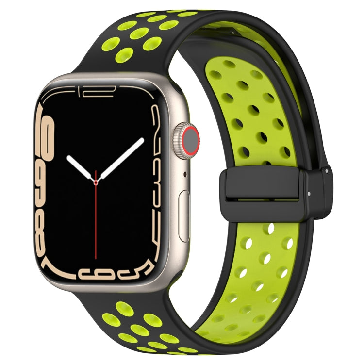 Magnetic buckle silicone watch band in lime green with lime dot pattern, black clasp