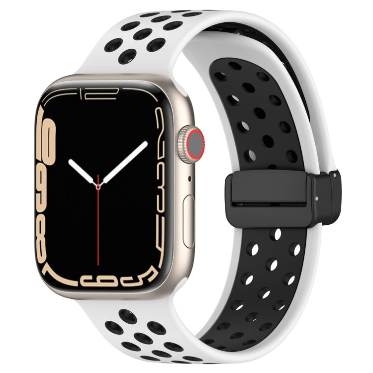 Silicone watch band with white perforated strap and black magnetic buckle