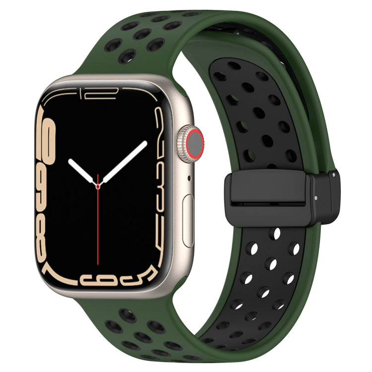 Magnetic buckle silicone watch band for Apple Watch, dark green perforated strap