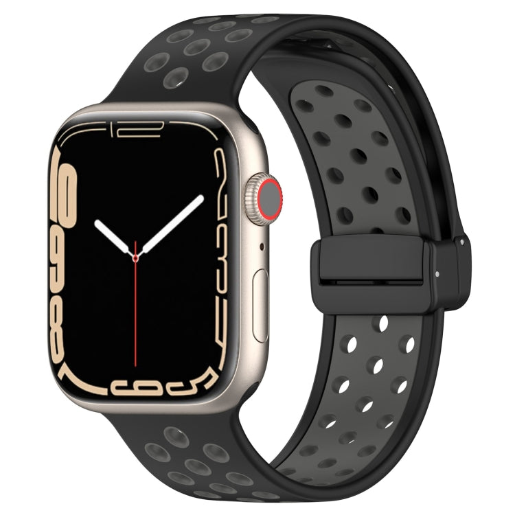 Magnetic buckle silicone watch band, black perforated strap with dotted pattern.