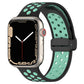Magnetic buckle silicone watch band, teal green perforated strap with dotted pattern.