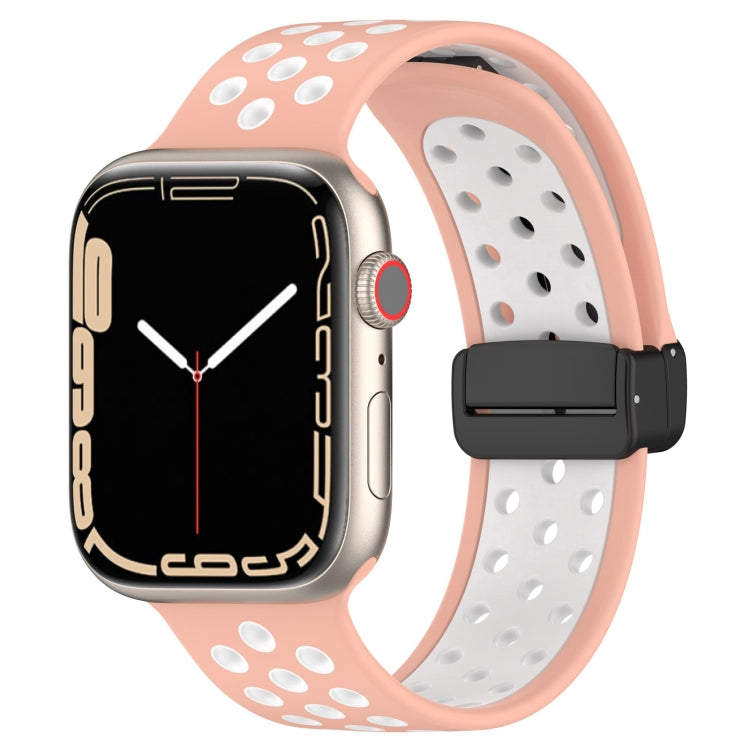 Silicone watch band with magnetic buckle, pink with white perforations and black clasp