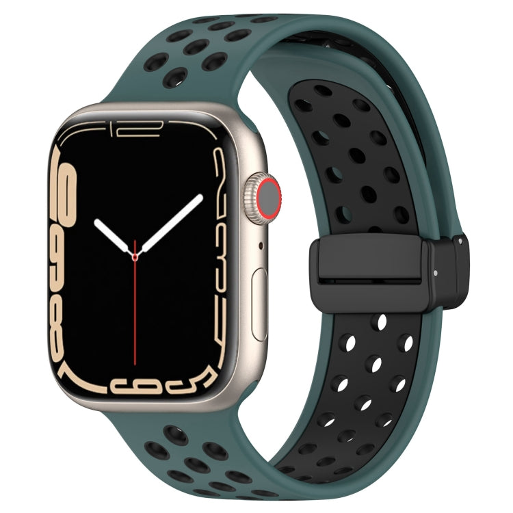 Silicone watch band with magnetic buckle, teal with black perforations and black clasp