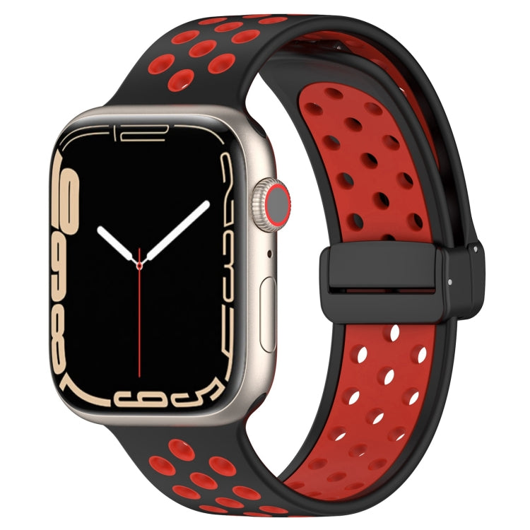 Silicone watch band with magnetic buckle, black with red perforations and black clasp