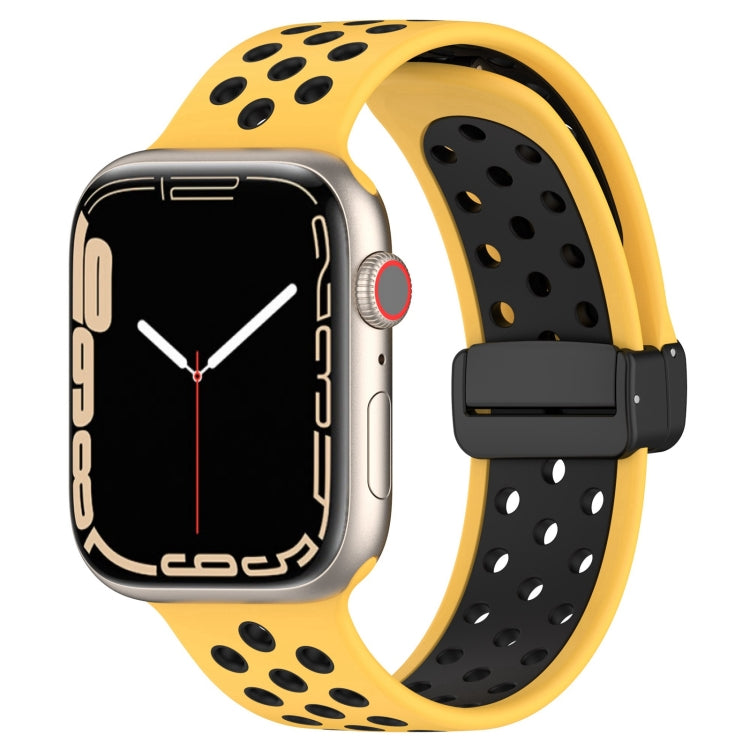 Yellow silicone watch band with magnetic buckle, perforated sport-style holes.