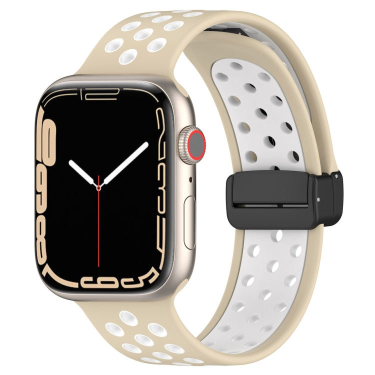 Beige silicone watch band with magnetic buckle, perforated sport-style holes.