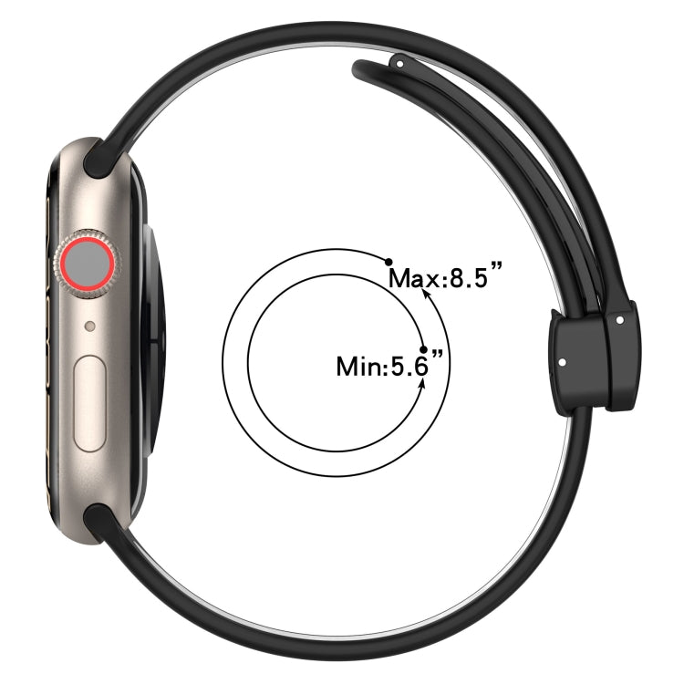 Silicone watch band with black perforated strap and magnetic clasp; Min 5.6–Max 8.5