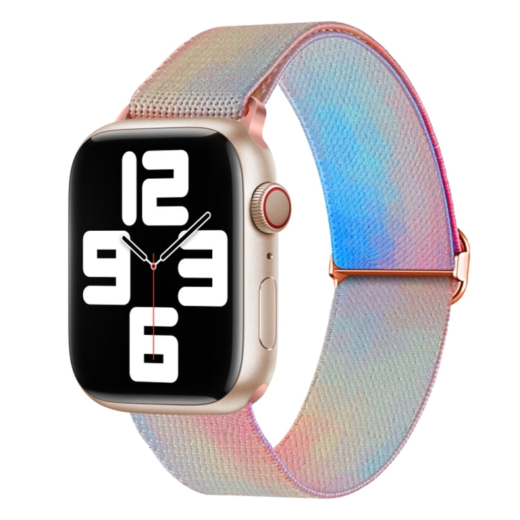 Gray and pink painted nylon watch band with pastel pattern and metal clasp buckle