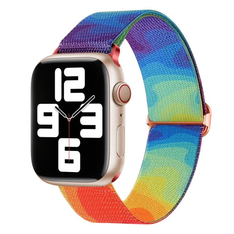 Multicolor painted nylon watch band with blue and rainbow pattern and metal clasp buckle