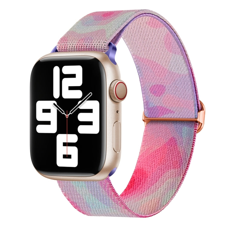 Nylon replacement watch band with pink and purple watercolor pattern and metal clasp