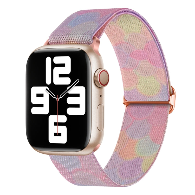 Nylon replacement watch band, pastel multicolor blocks, rose-gold buckle.