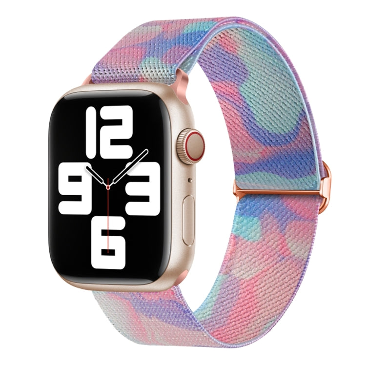 Painted pattern nylon watch band with pastel pink, purple, and blue watercolor print