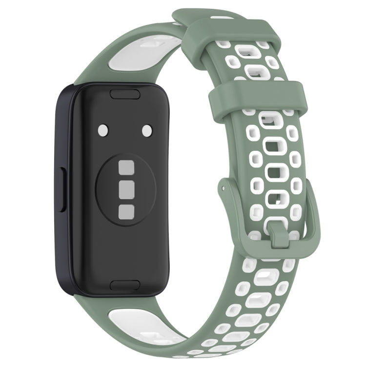 Two-tone silicone watch band with dark green and white perforated strap for Huawei.