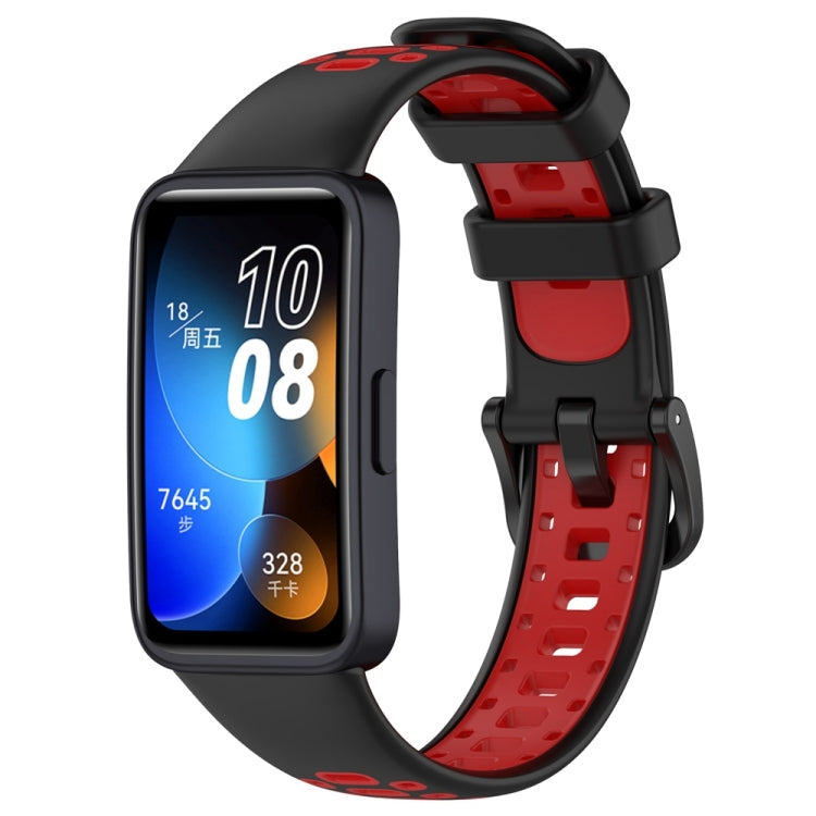Two-tone silicone watch band with black outer and red inner strap for Huawei.