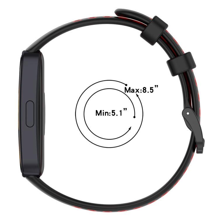 Black silicone watch band with red accent stripes and adjustable buckle