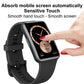 Smartwatch protective film on black watch display, smooth touch with finger
