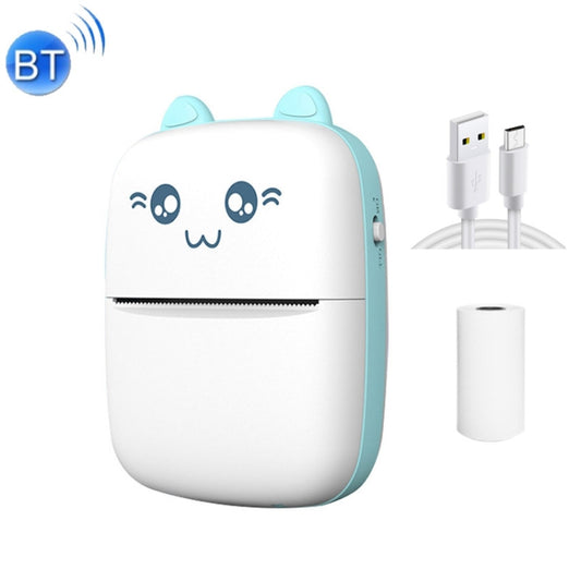 Blue mini Bluetooth thermal printer, cat face, power cables and paper roll