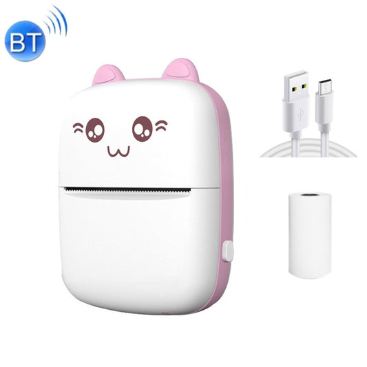 Pink mini Bluetooth thermal printer with cat face, power cables and paper roll