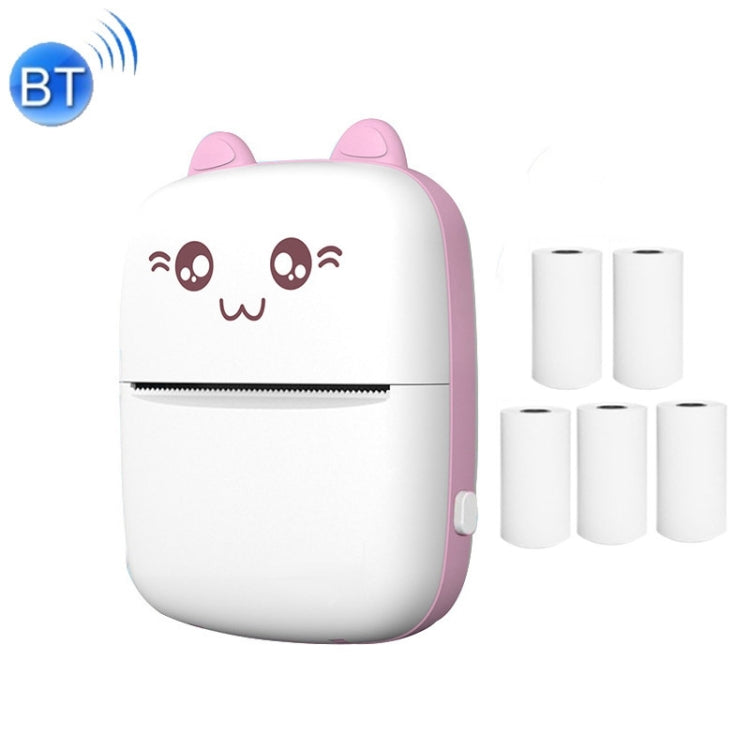 Pink mini Bluetooth thermal printer with cat face and five white paper rolls