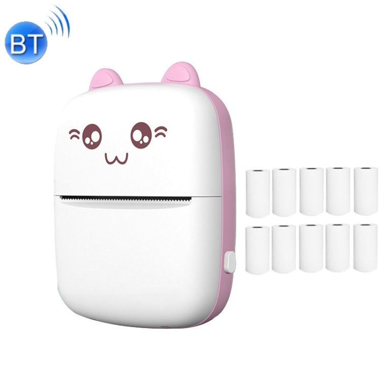 Pink mini Bluetooth thermal printer with cat face and ten white paper rolls
