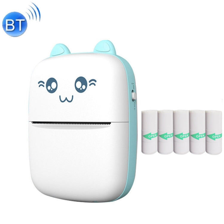 Blue mini Bluetooth thermal printer with cat face and sticker paper rolls