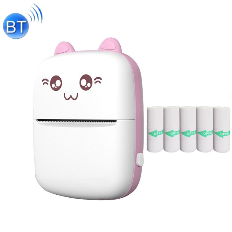 Pink mini Bluetooth thermal printer with cat face and sticker paper rolls
