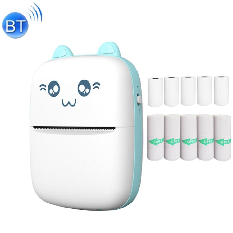Blue mini Bluetooth thermal printer with cat face and sticker paper roll set