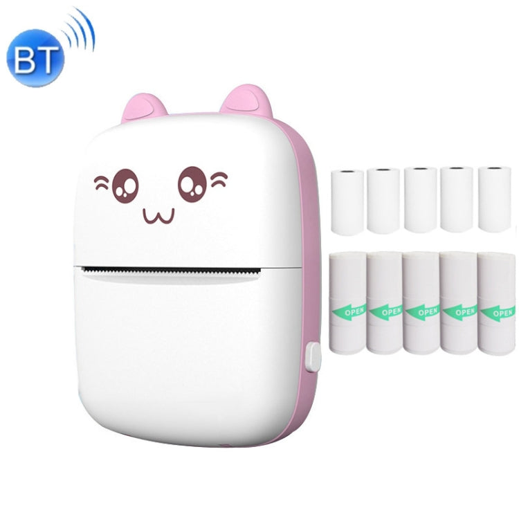 Pink mini Bluetooth thermal printer with cute cat face and paper output slot
