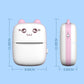 Pink mini Bluetooth thermal printer with cat-ear design, front and side views