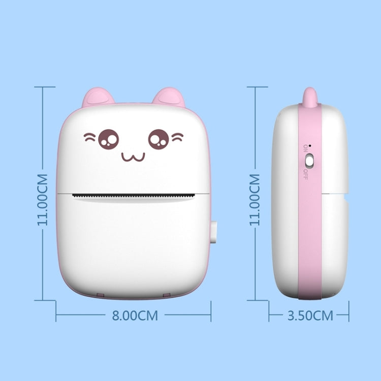 Pink mini Bluetooth thermal printer with cat-ear design, front and side views