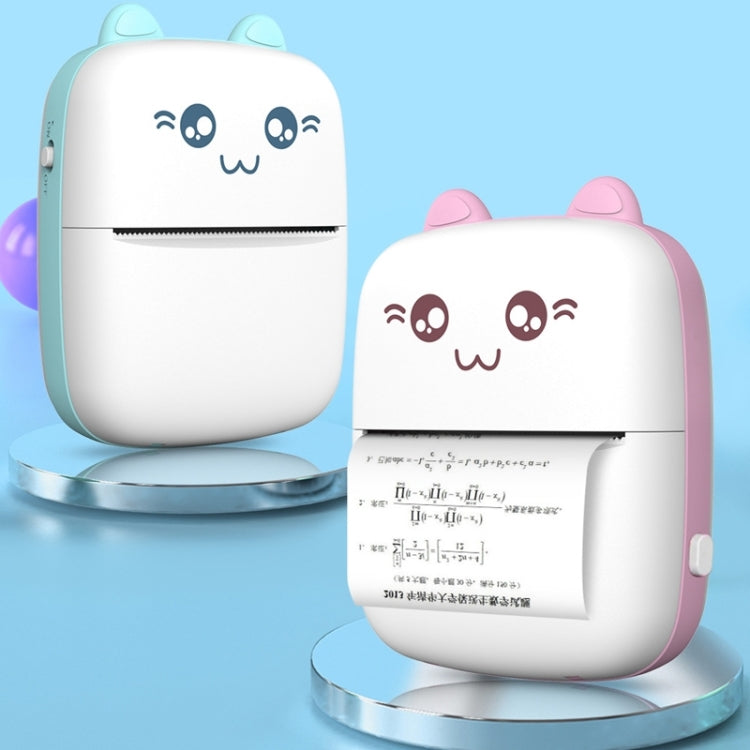 Blue and pink mini Bluetooth thermal printers with cat faces on metal stands
